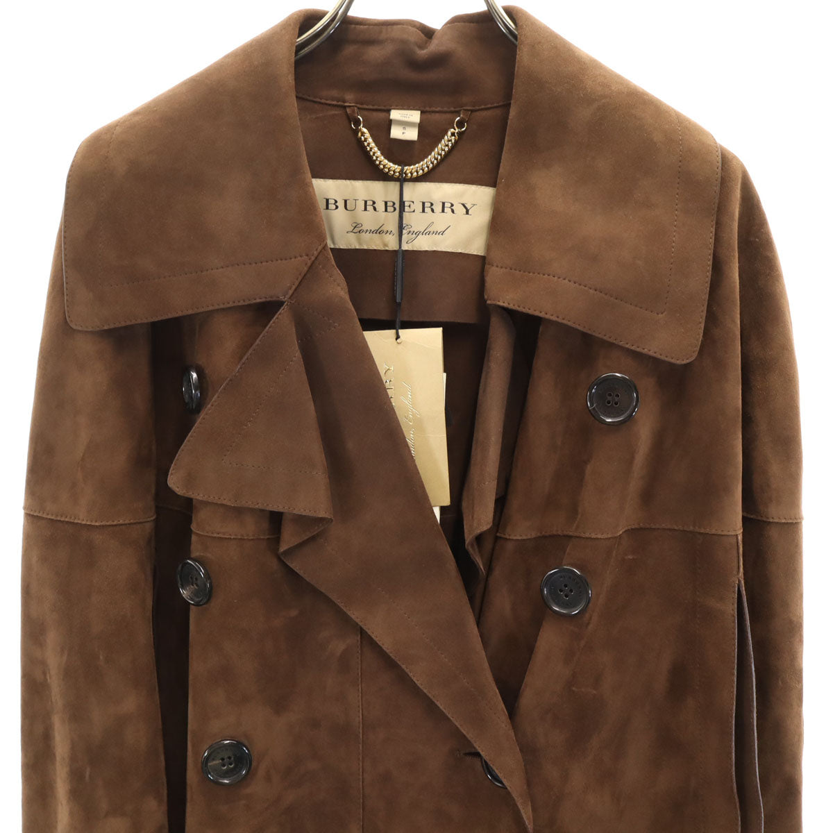未使用 BURBERRY LONDON ENGLAND バーバリーロンドンイングランド イタリア製 フリンジ スエード コート S ブラウン 収納カバー付き レディース