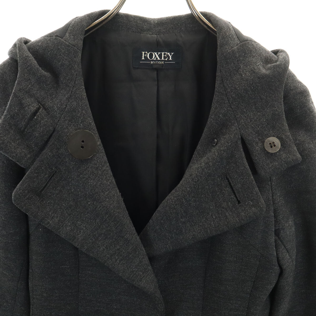FOXEY BOUTIQUE フォクシー ブティック 日本製 フーデッド コート 38 チャコールグレー レディース