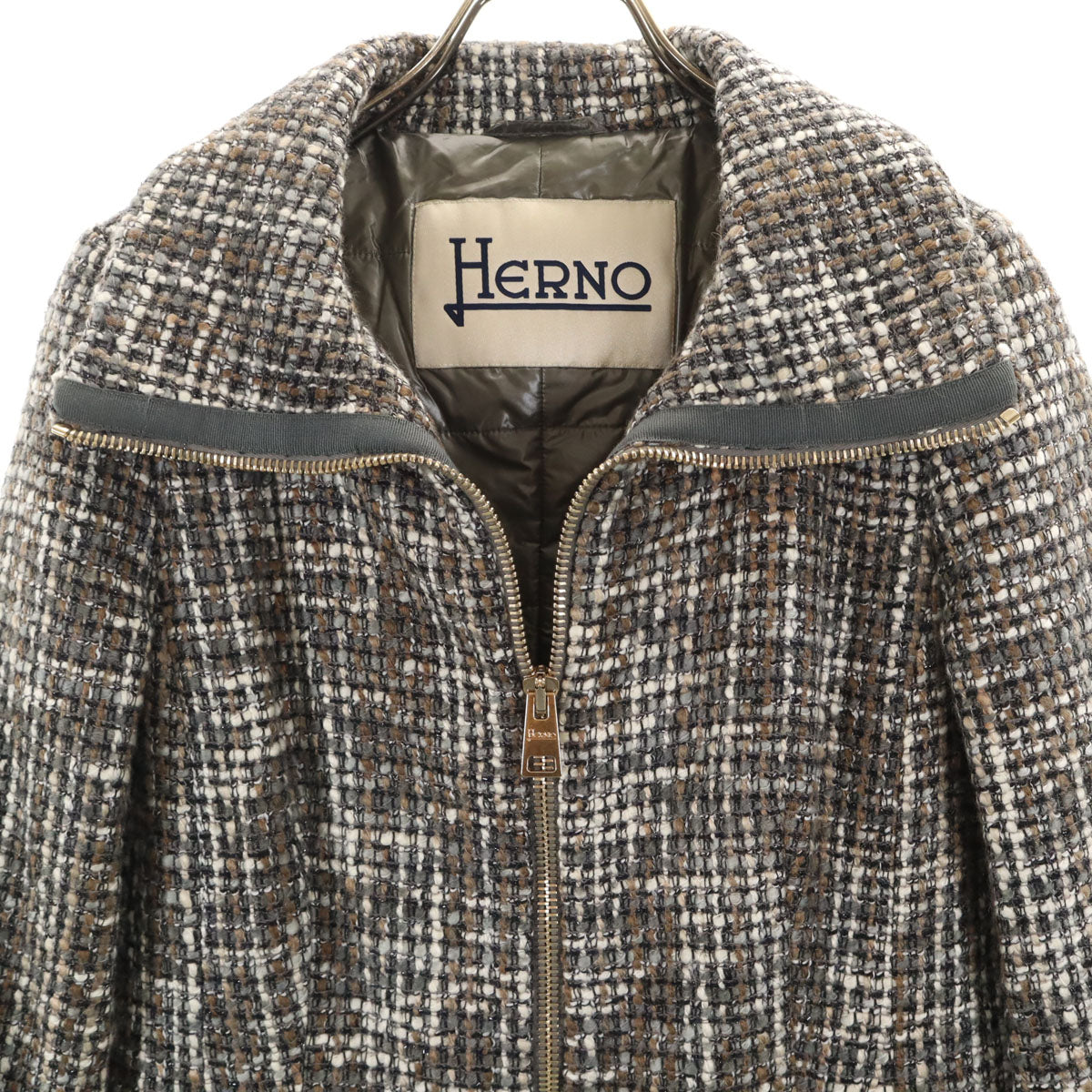 Herno ヘルノ イタリア製 ツイード コート 40 グレー系 薄中綿入り レディース