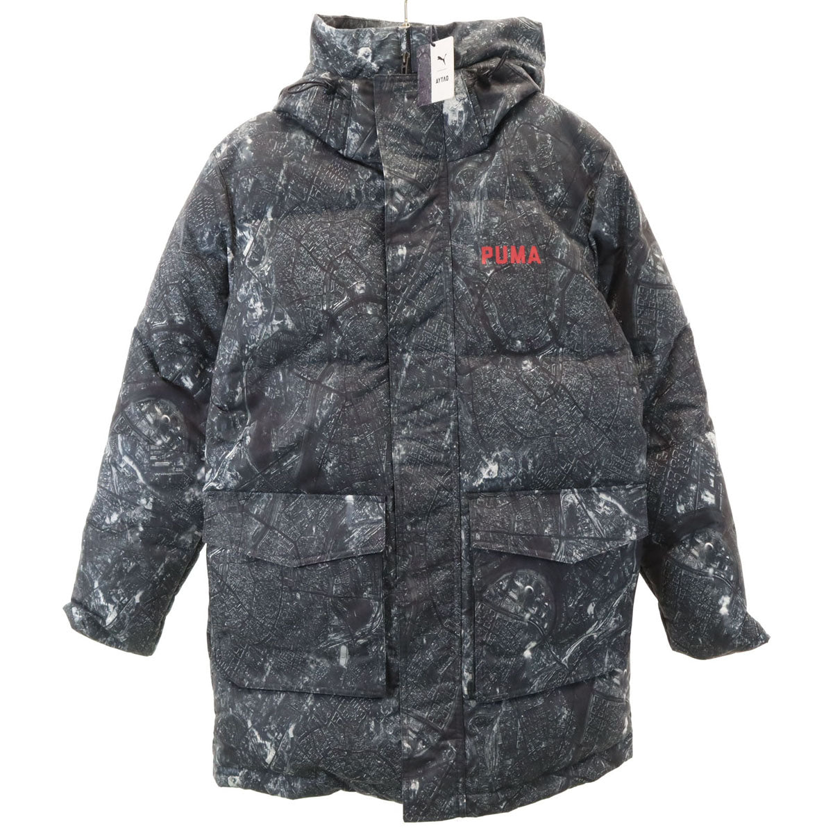 美品 PUMA プーマ OUTLAW MOSCOW アウトローモスクワ コラボ 総柄 ダウンコート S チャコールグレー メンズ