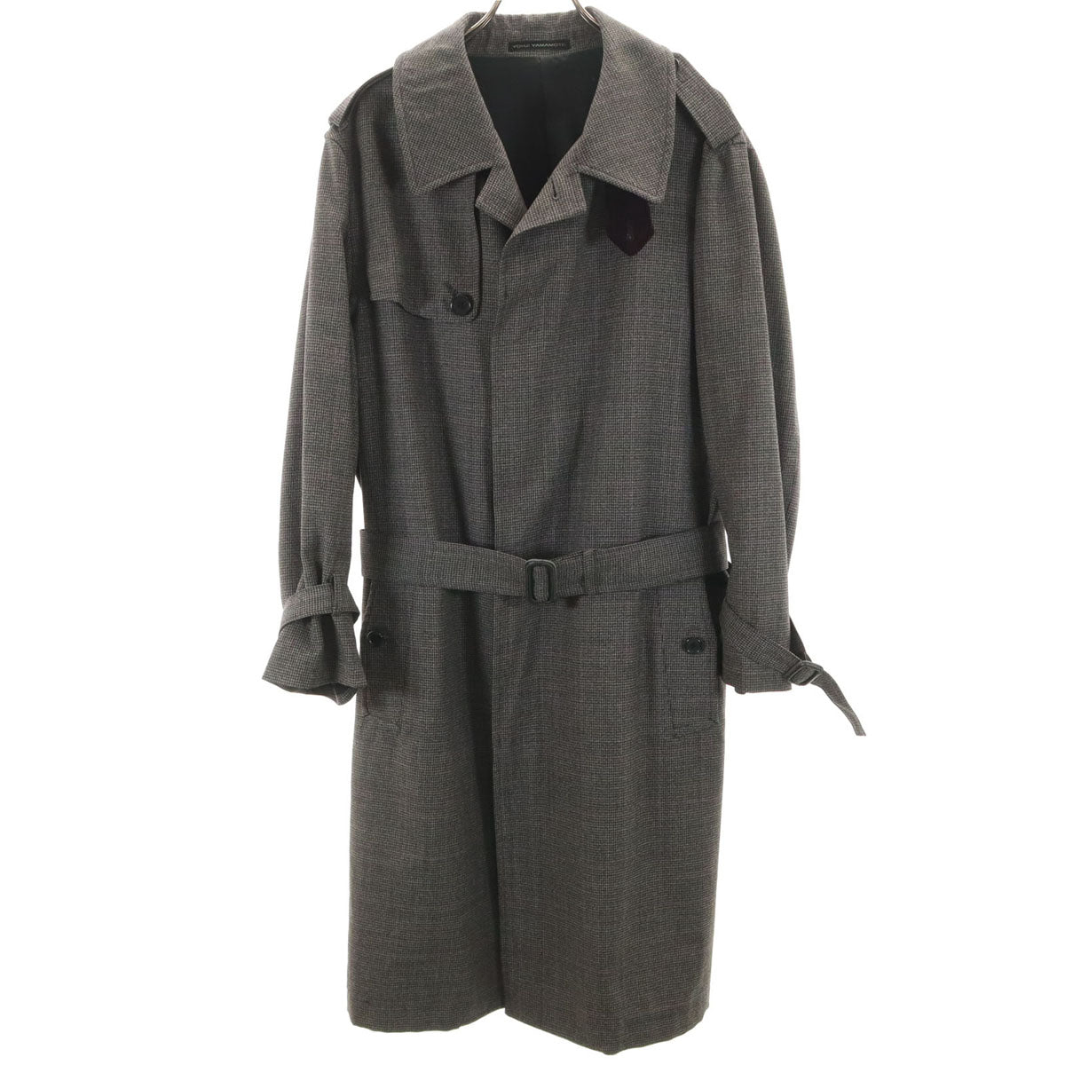 Y’s for men ワイズフォーメン 日本製 ウール ハウンドトゥース柄 ステンカラーコート 4 グレー ヨウジヤマモト メンズ