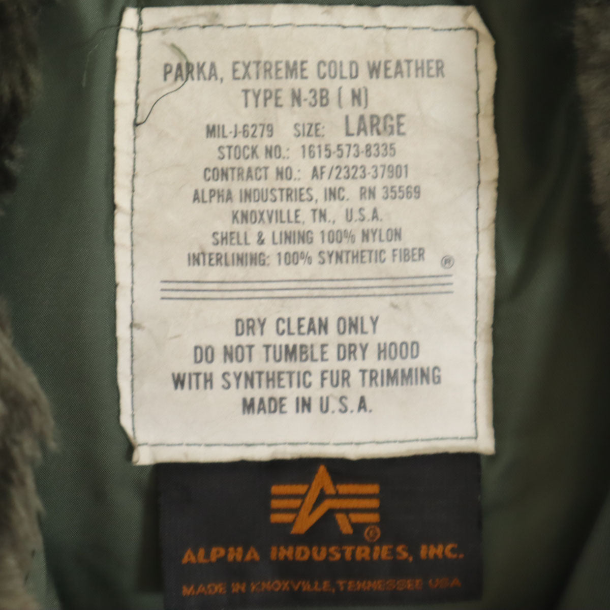 ALPHA INDUSTRIES INC アルファインダストリーズ USA製 ナイロン N3B ミリタリーコート L カーキ系 メンズ