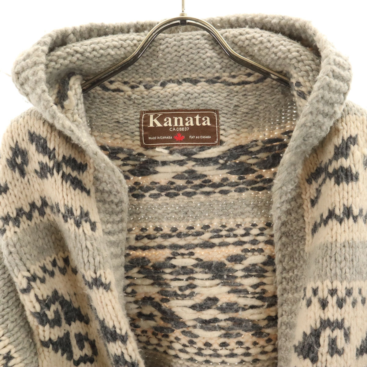 KANATA カナタ カナダ製 総柄 カウチン ガウンコート アイボリー ニット レディース
