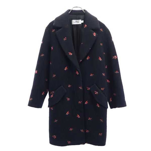 コーチ モヘヤブレンド 花柄 刺繍 チェスターコート S 黒 COACH レディース