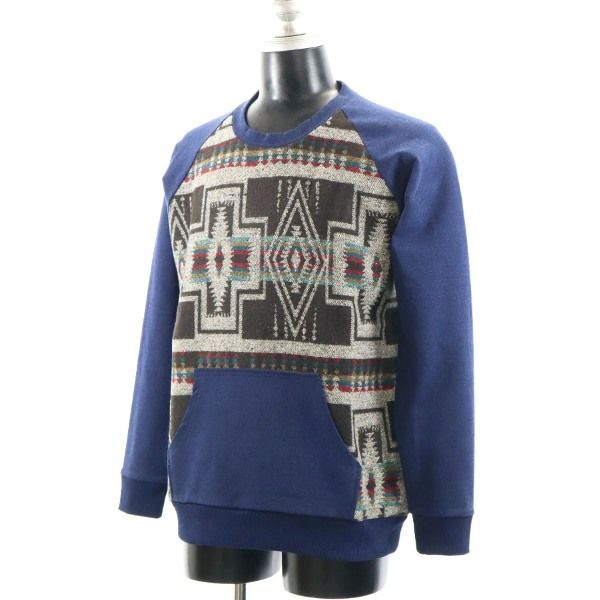 新品 HB エイチビー 長袖 ボヘミアン スウェット切替 トレーナー L 青 茶 ネイティブ インディゴ裏毛 メンズ