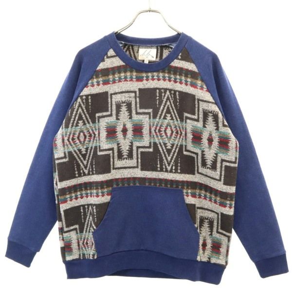 新品 HB エイチビー 長袖 ボヘミアン スウェット切替 トレーナー L 青 茶 ネイティブ インディゴ裏毛 メンズ