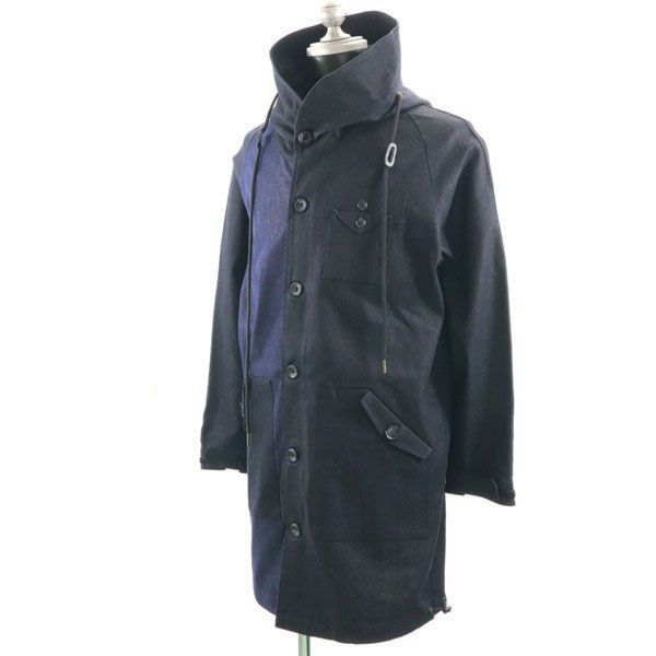 新品 HB エイチビー ビッグフード シルキー デニム モッズコート M インディゴブルー×ブラック ロングコート デニムジャケット メンズ