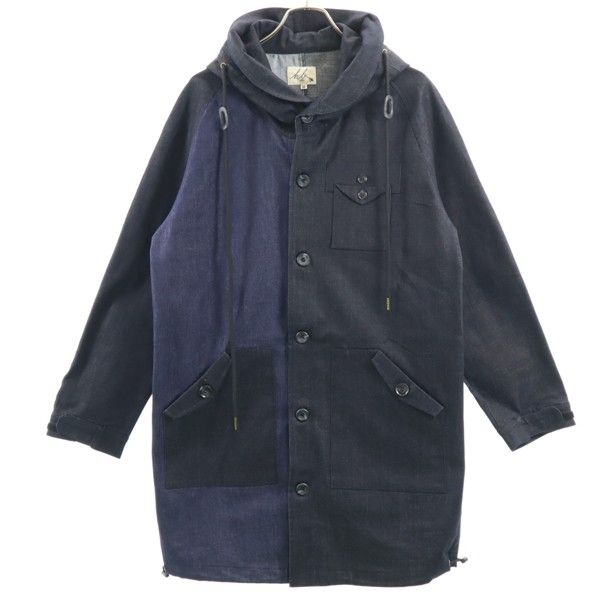 新品 HB エイチビー ビッグフード シルキー デニム モッズコート M インディゴブルー×ブラック ロングコート デニムジャケット メンズ