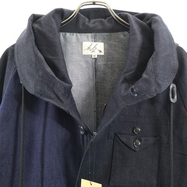 新品 HB エイチビー ビッグフード シルキー デニム モッズコート M インディゴブルー×ブラック ロングコート デニムジャケット メンズ
