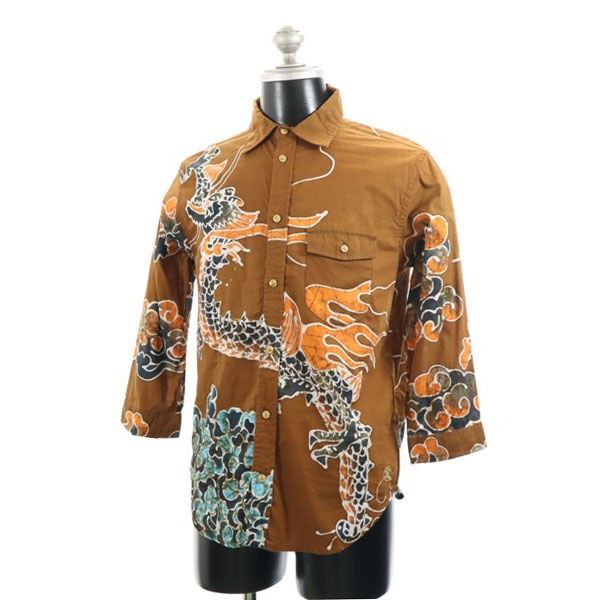 新品 備中倉敷工房 倉 和柄 7分袖 昇龍柄 バティック シャツ M 茶系 Kula BY ETERNAL メンズ