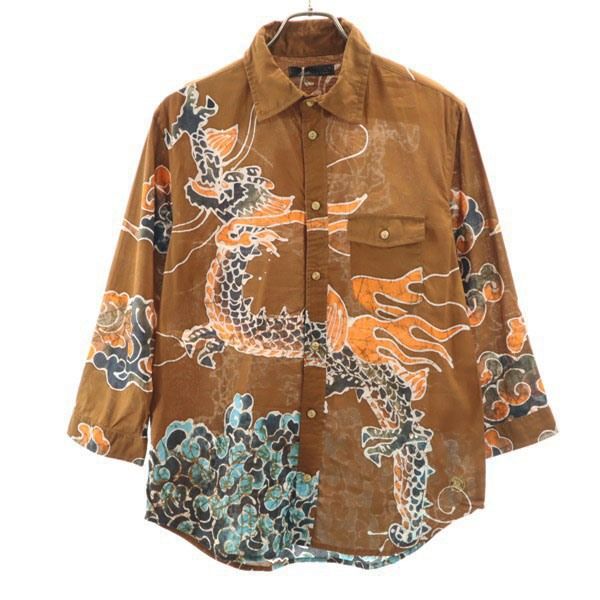 新品 備中倉敷工房 倉 和柄 7分袖 昇龍柄 バティック シャツ M 茶系 Kula BY ETERNAL メンズ