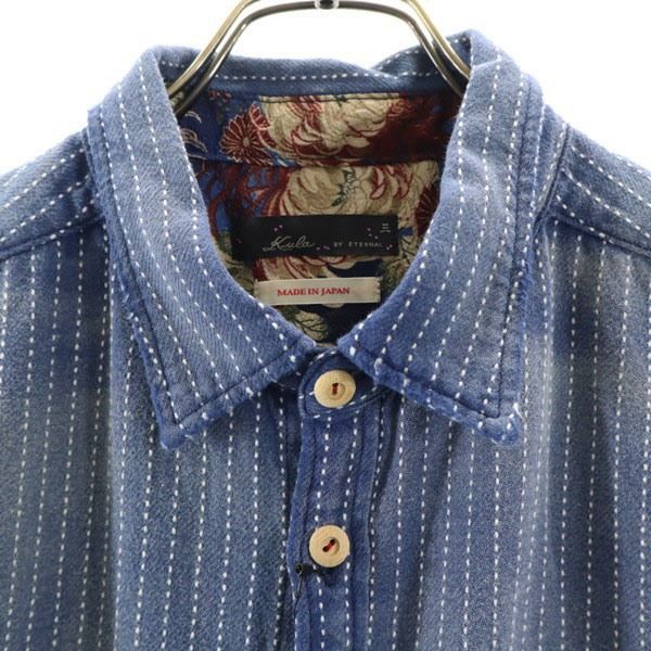 新品 Kula BY ETERNAL 備中倉敷工房 倉 長袖 クラッシュ リメイク加工 シャツ L ダークインディゴ エターナル 刺子織柄 ストライプ メンズ