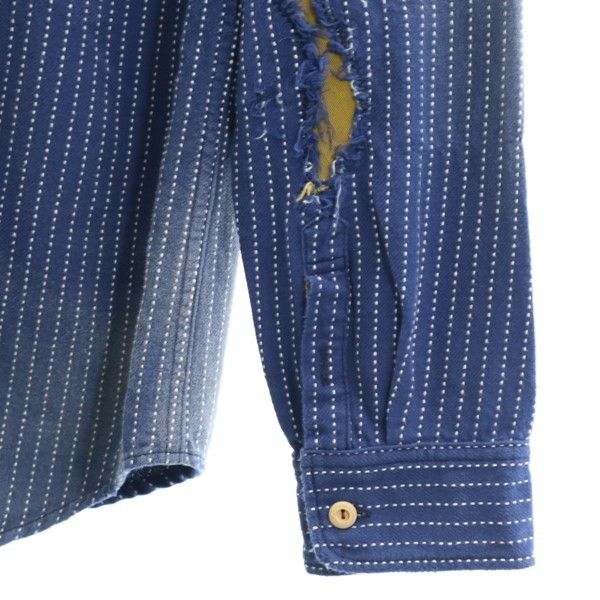 新品 Kula BY ETERNAL 備中倉敷工房 倉 長袖 クラッシュ リメイク加工 シャツ L ダークインディゴ エターナル 刺子織柄 ストライプ メンズ