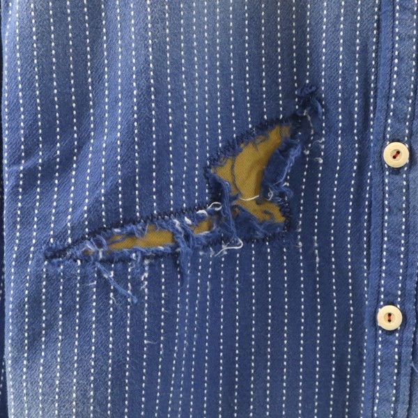 新品 Kula BY ETERNAL 備中倉敷工房 倉 長袖 クラッシュ リメイク加工 シャツ L ダークインディゴ エターナル 刺子織柄 ストライプ メンズ