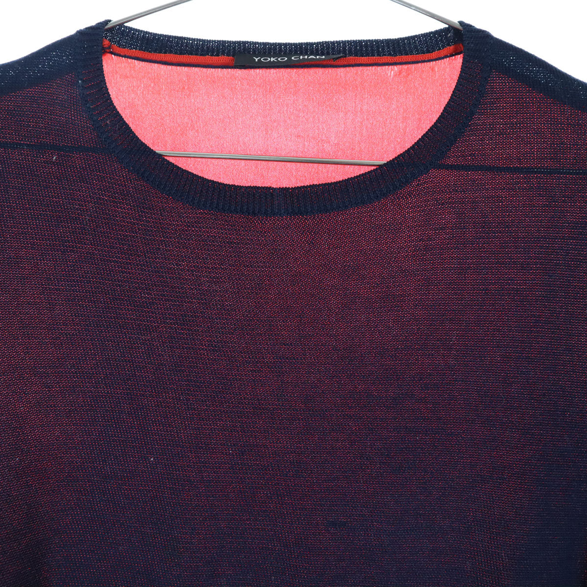 美品 YOKO CHAN ヨーコチャン バイカラー シルク切替 長袖 ニット 38 ネイビー×レッド レディース