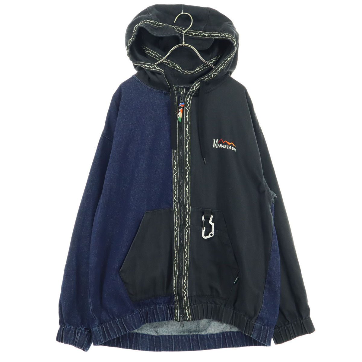 美品 MANASTASH マナスタッシュ ロゴ刺繍 長袖 バイカラー ジャケット M ブラック フーディー メンズ