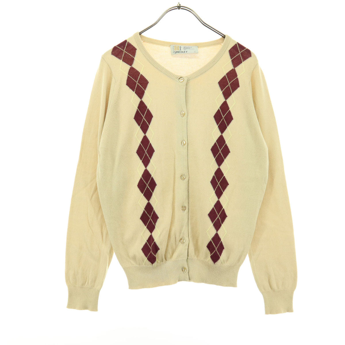 美品 JOHN SMEDLEY ジョンスメドレー 80s ヴィンテージ 英国製 アーガイル柄 長袖 ニットカーディガン S クリーム レディース