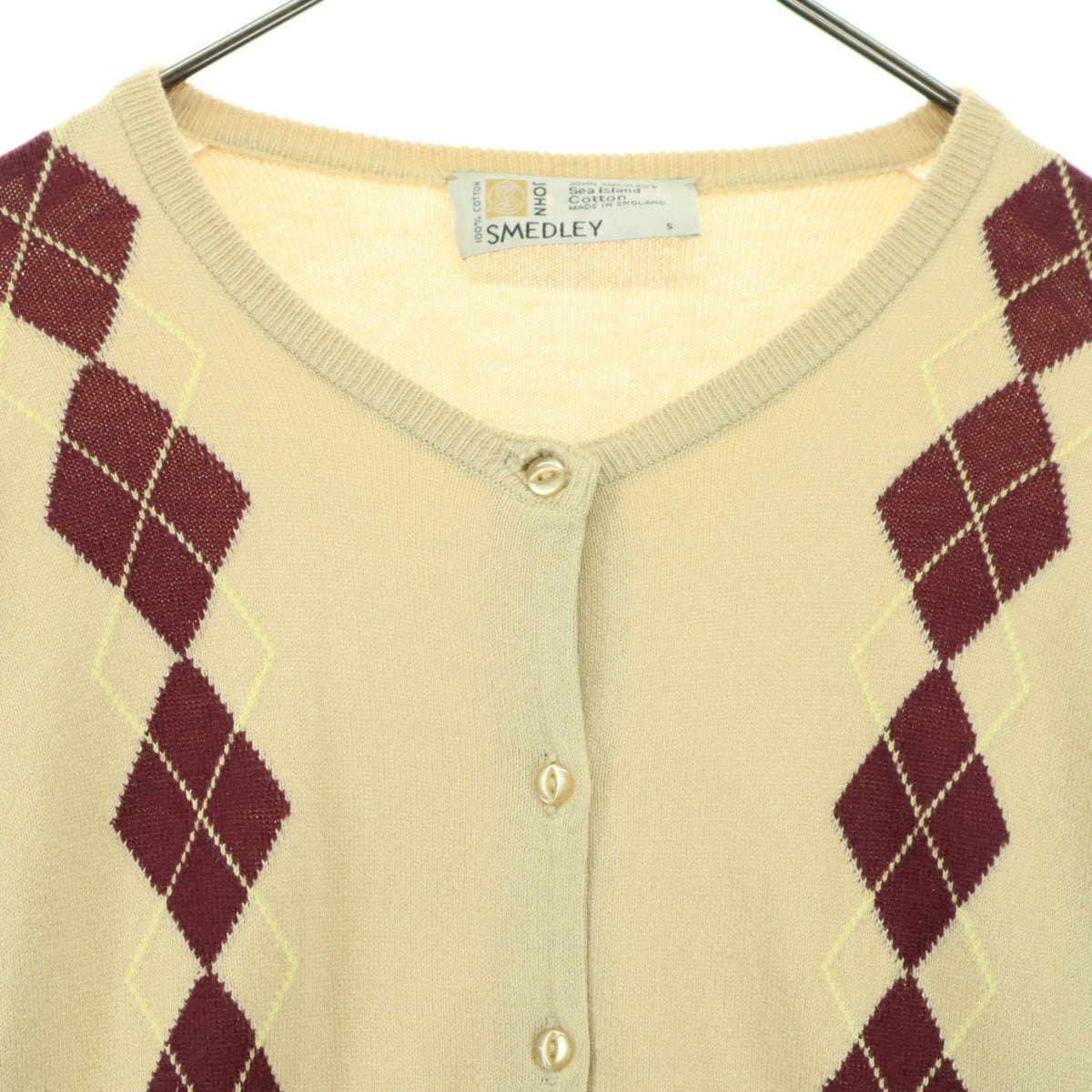 美品 JOHN SMEDLEY ジョンスメドレー 80s ヴィンテージ 英国製 アーガイル柄 長袖 ニットカーディガン S クリーム レディース