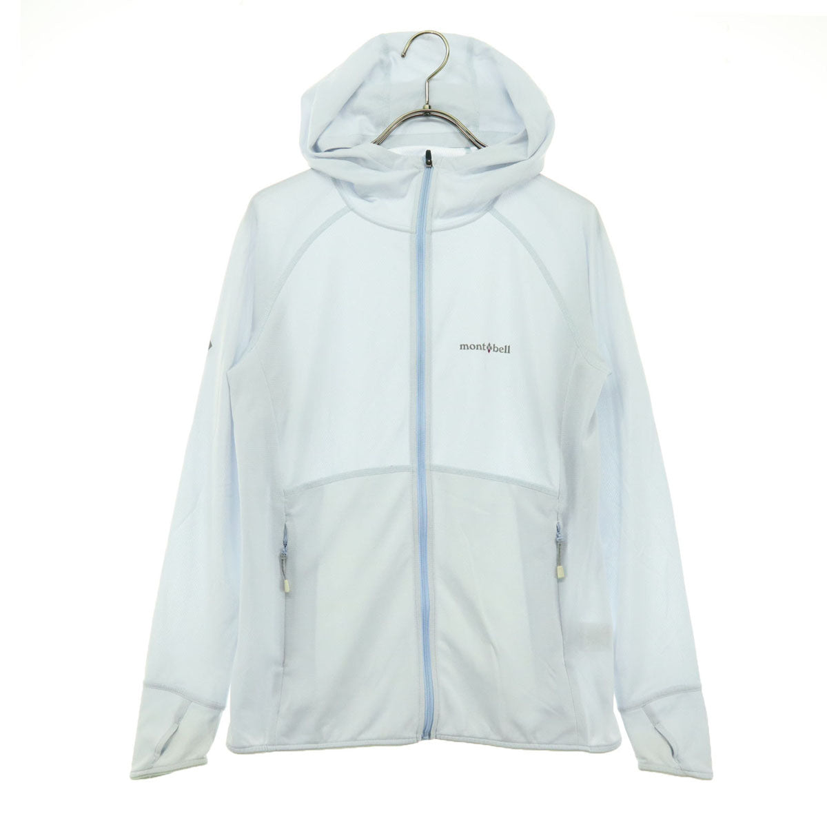 美品 mont-bell モンベル ワンポイント 長袖 フードジャケット M ライトブルー クールパーカー アウトドア レディース