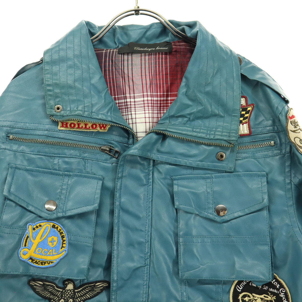 美品 clone devgru homme クローンデブグル オム 長袖 レザージャケット L ブルー ワッペン メンズ