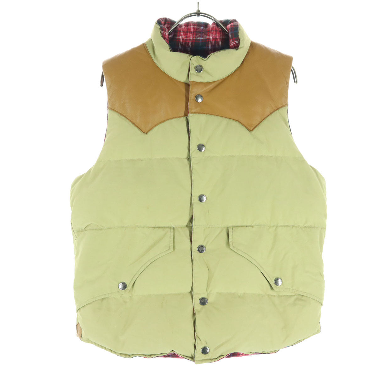 BEAMS ビームス リバーシブル チェック柄 ノースリーブ レザーヨーク ダウンベスト S ブラウン系 メンズ