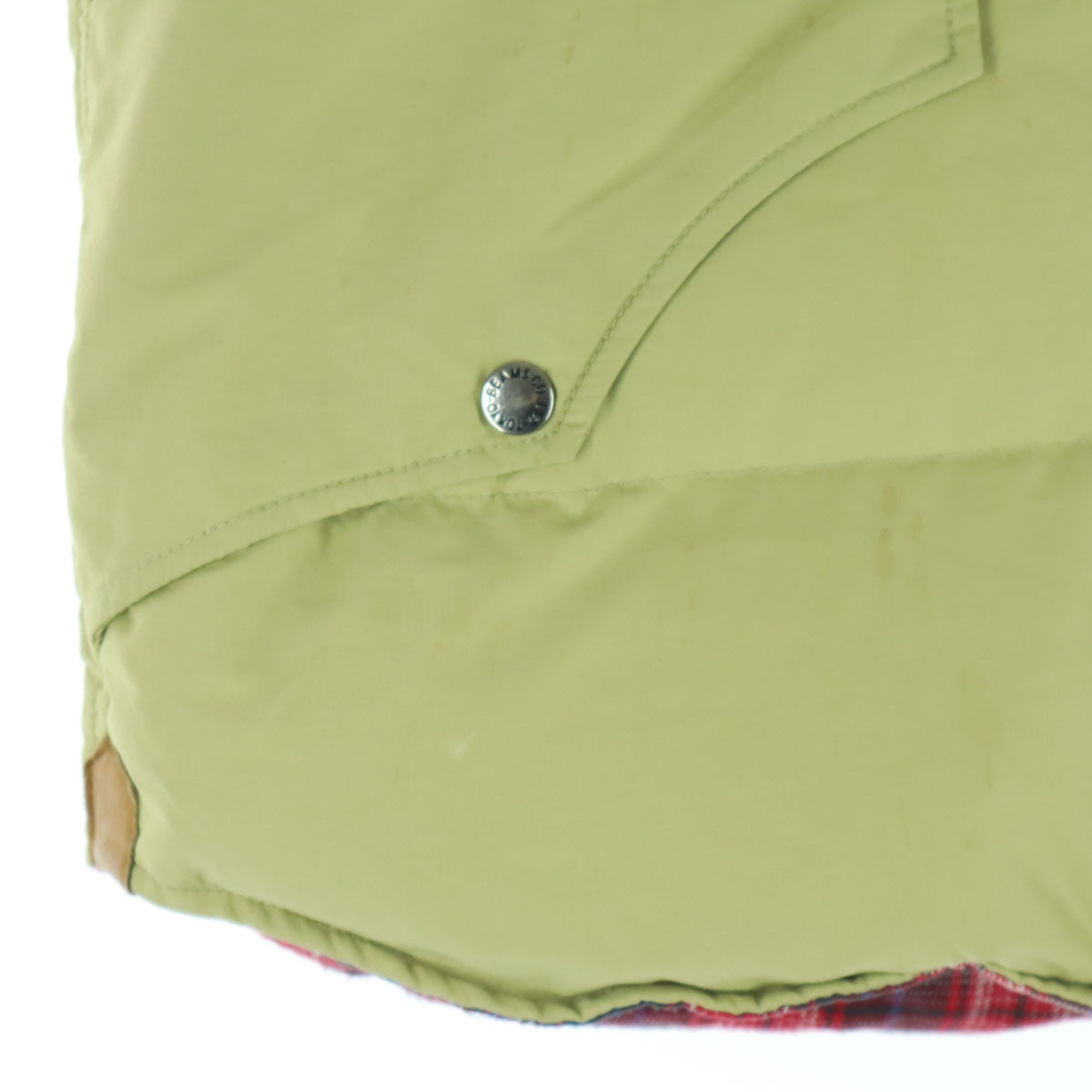 BEAMS ビームス リバーシブル チェック柄 ノースリーブ レザーヨーク ダウンベスト S ブラウン系 メンズ