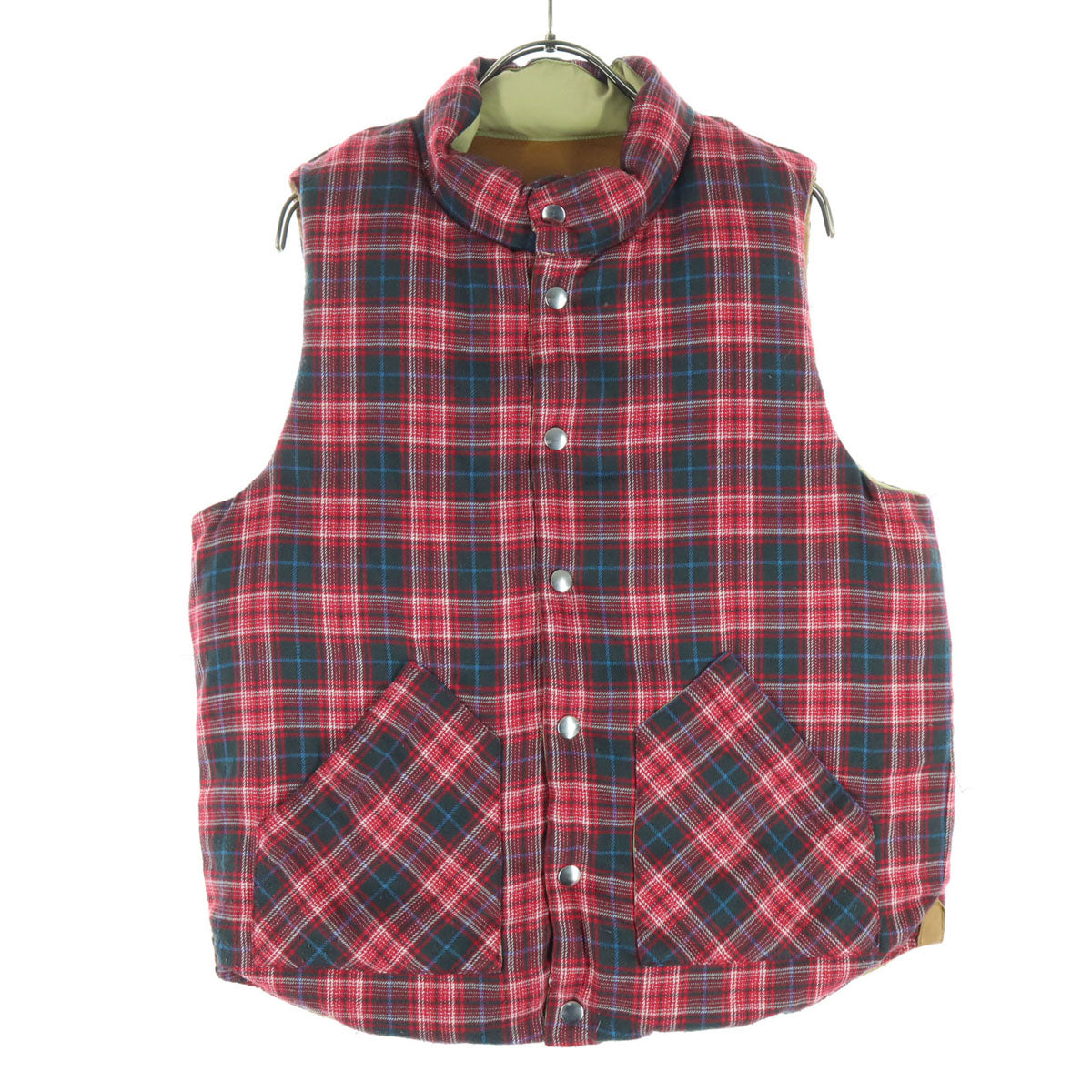 BEAMS ビームス リバーシブル チェック柄 ノースリーブ レザーヨーク ダウンベスト S ブラウン系 メンズ