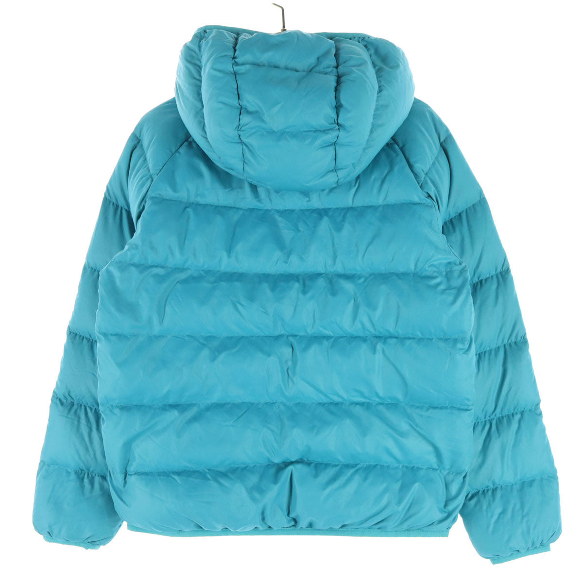 美品 mont-bell モンベル 英字 長袖 ダウンジャケット 150 ライトブルー フード取り外し可 収納袋付属 キッズ