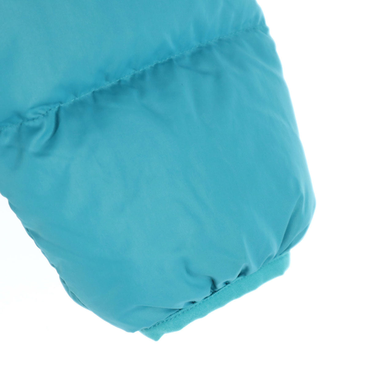 美品 mont-bell モンベル 英字 長袖 ダウンジャケット 150 ライトブルー フード取り外し可 収納袋付属 キッズ