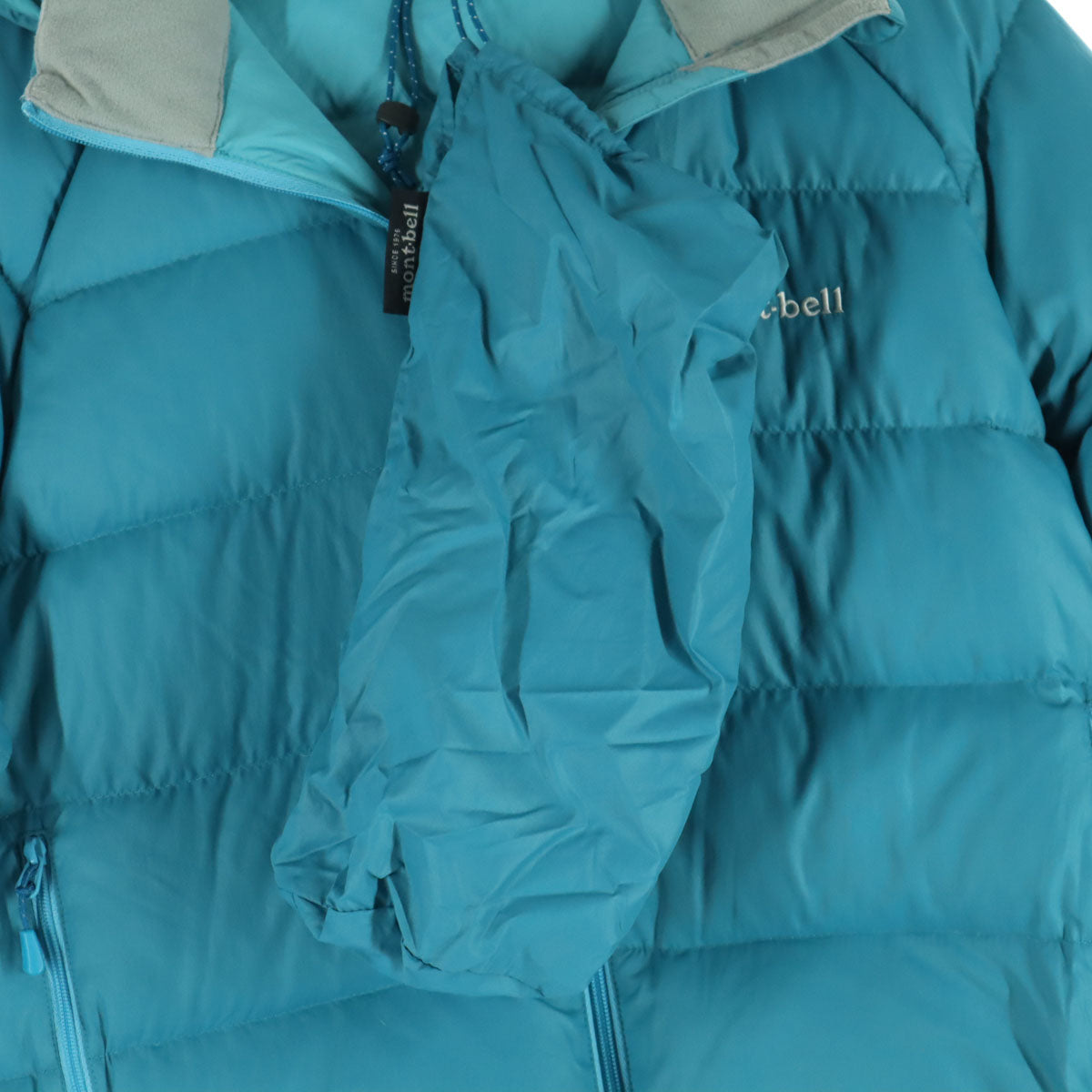 美品 mont-bell モンベル 英字 長袖 ダウンジャケット 150 ライトブルー フード取り外し可 収納袋付属 キッズ