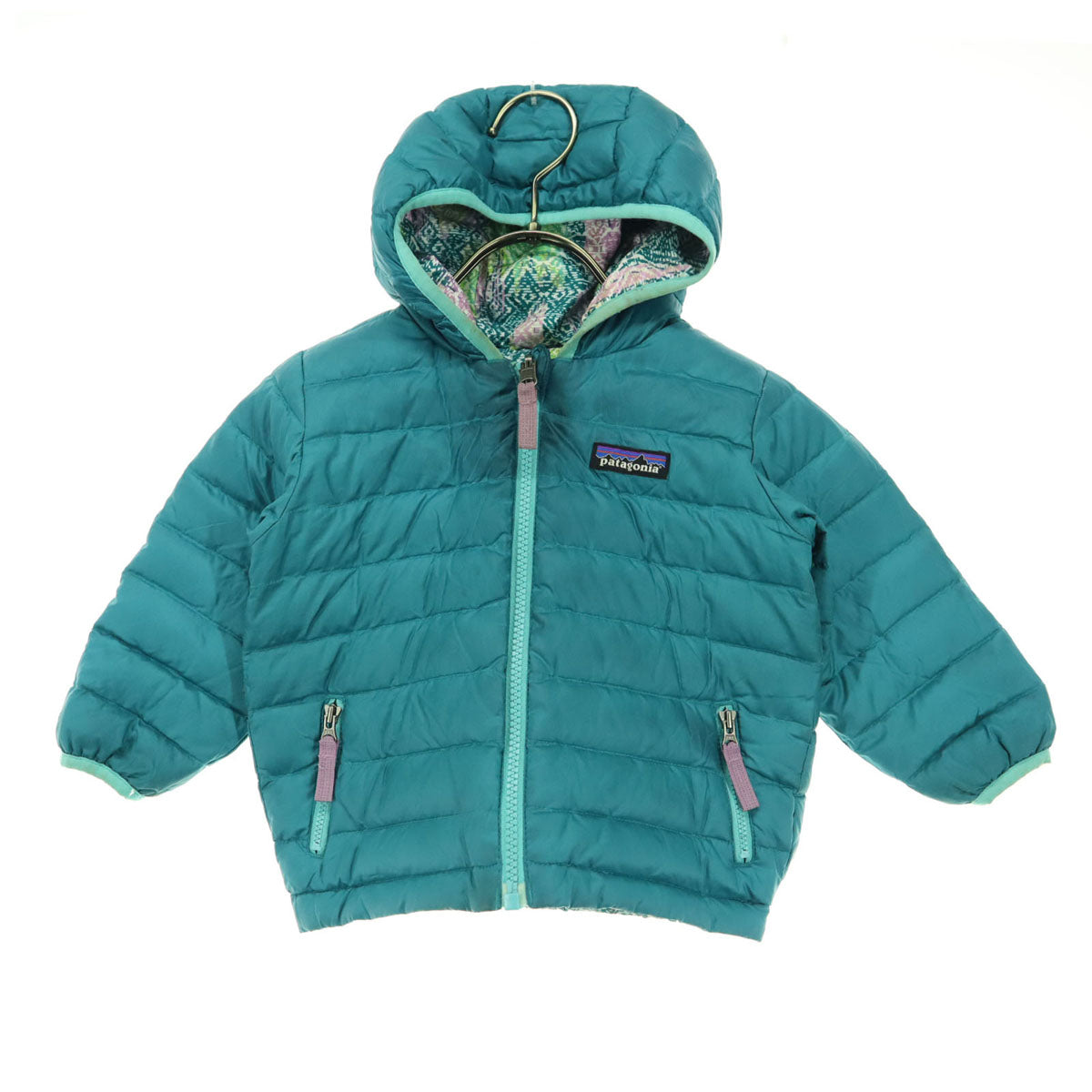 patagonia パタゴニア リバーシブル 総柄 ワンポイントロゴ 長袖 ダウンジャケット グリーン系 品番61371 キッズ