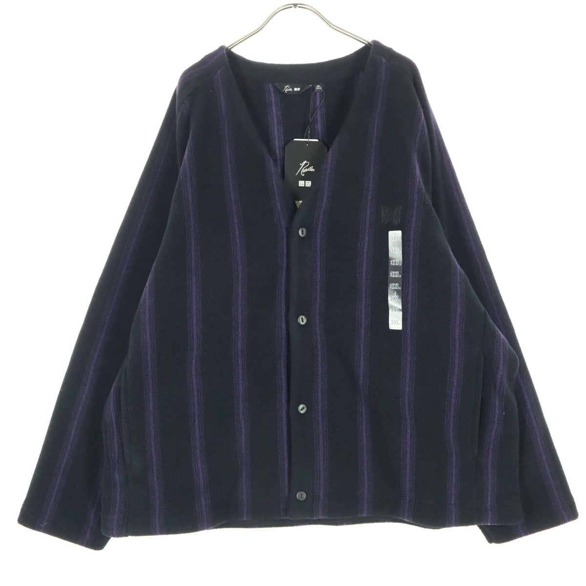 未使用 UNIQLO ユニクロ NEEDLES ニードルズ コラボ ワンポイントロゴ ストライプ柄 長袖 フリース カーディガン 3XL ブラック ビッグサイズ メンズ