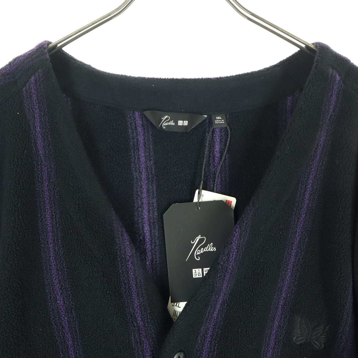 未使用 UNIQLO ユニクロ NEEDLES ニードルズ コラボ ワンポイントロゴ ストライプ柄 長袖 フリース カーディガン 3XL ブラック ビッグサイズ メンズ