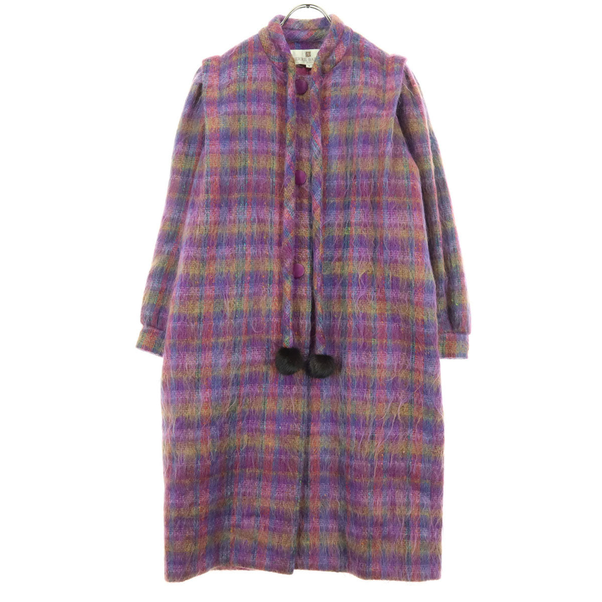 美品 PIERRE BALMAIN ピエールバルマン チェック柄 長袖 ウールコート 7 パープル系 レディース
