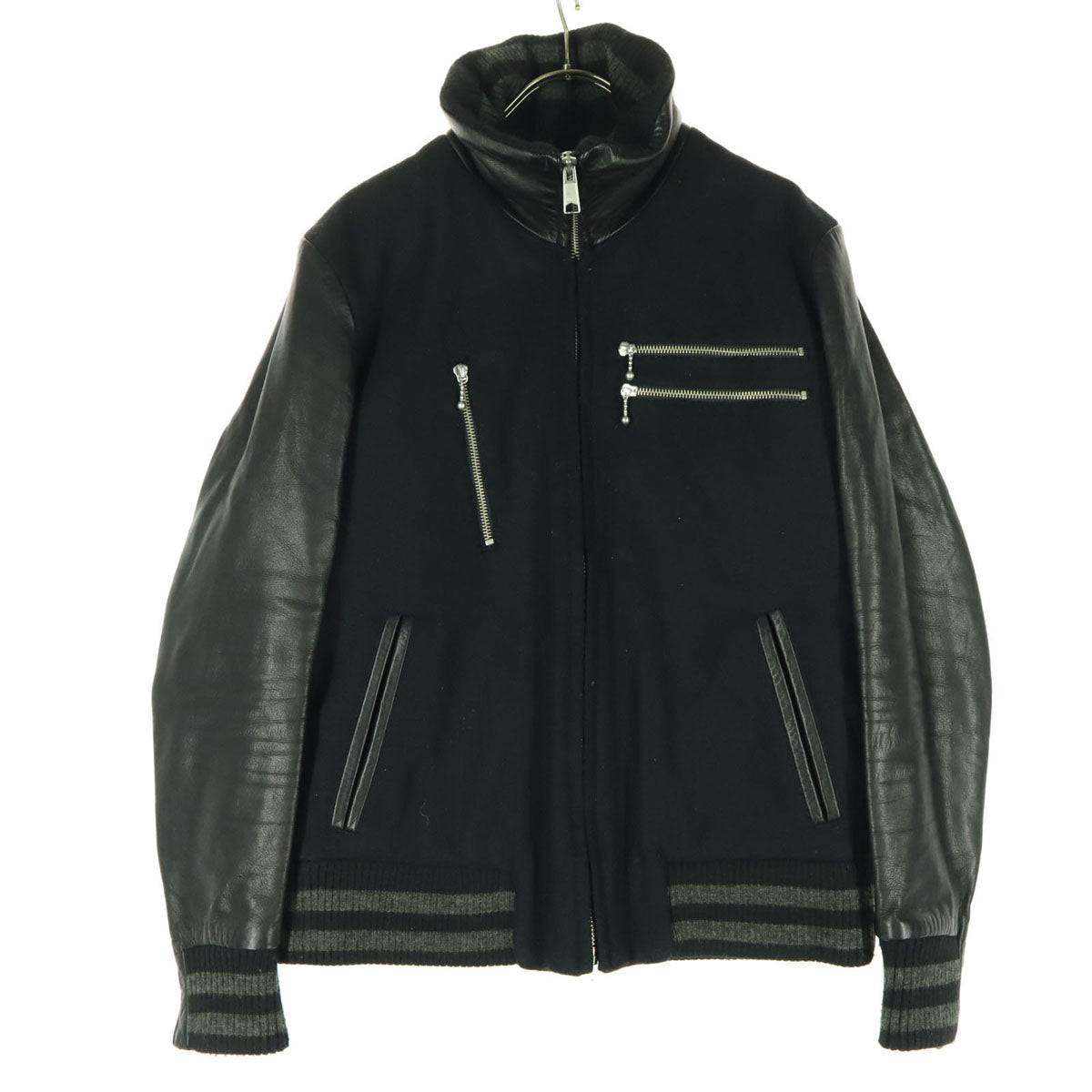 PLEIN プレイン 日本製 カシミヤ混 長袖 袖レザー スタジャン 2 ブラック 牛革 レディース