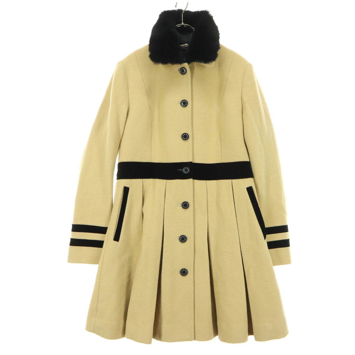 美品 LOVELESS ラブレス ファー襟 プリーツ ウールコート 38 ベージュ レディース