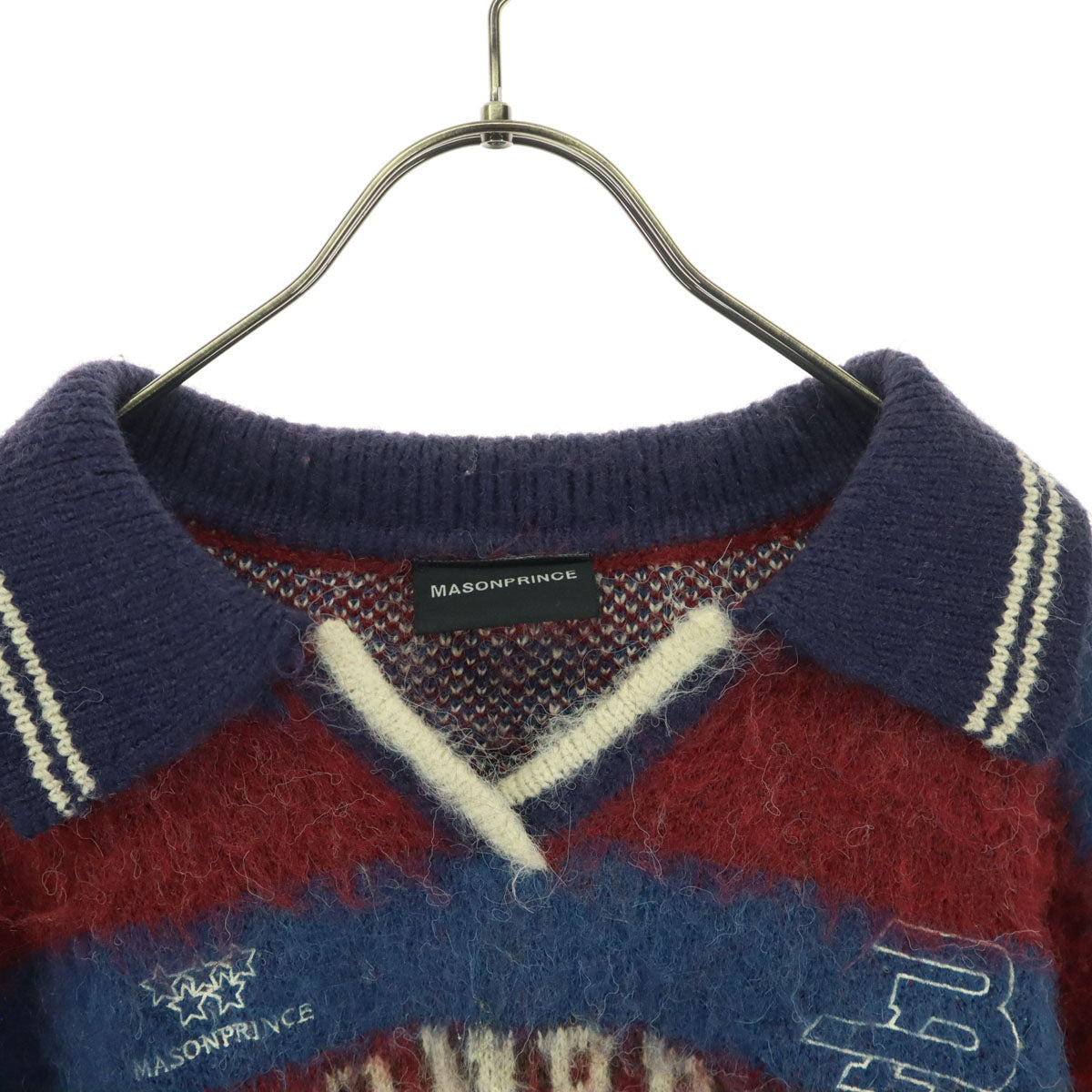 美品 MASONPRINCE メイソンプリンス 太ボーダー ロゴ 長袖 ラガーシャツ風 セーター 2 レッド系 メンズ