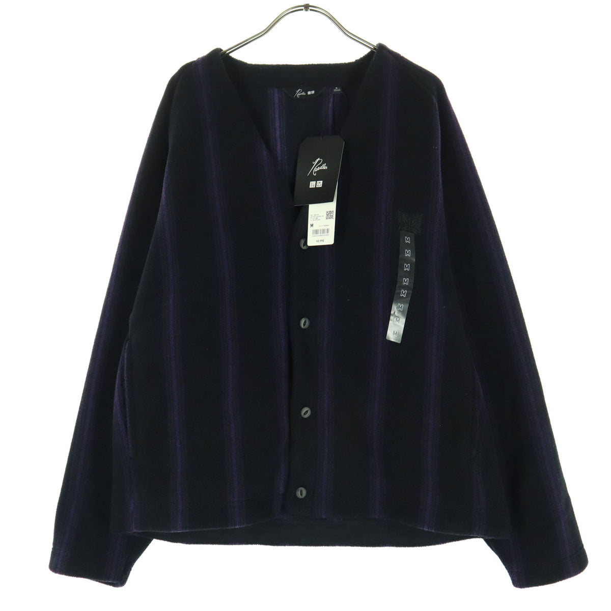 未使用 UNIQLO ユニクロ NEEDLES ニードルズ コラボ ワンポイント刺繍 ストライプ柄 長袖 フリース オーバーサイズ カーディガン M ブラック バイカラー メンズ