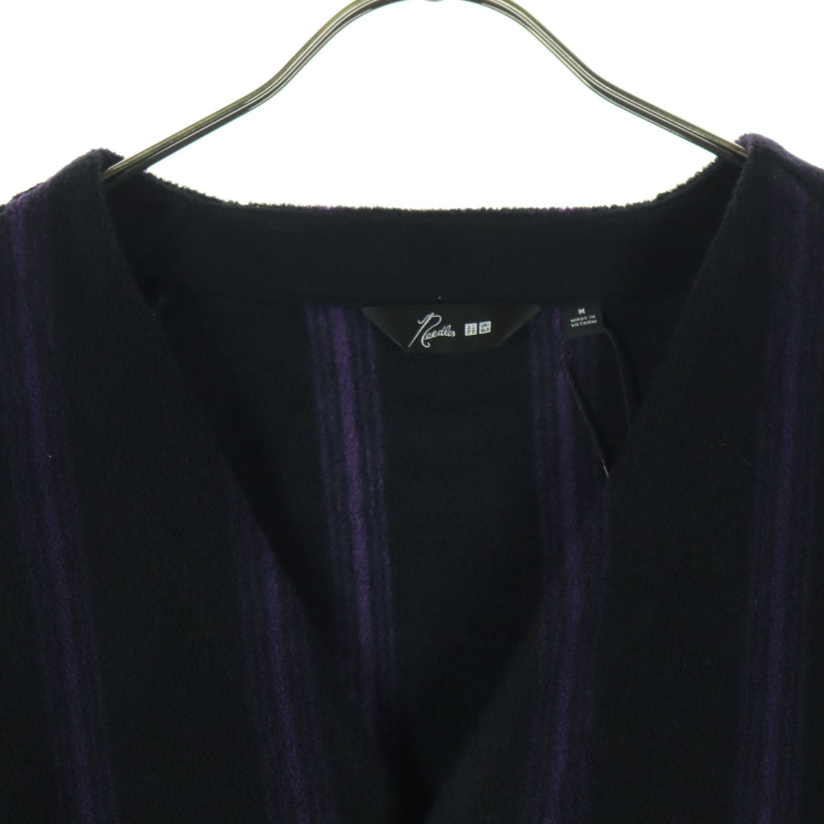 未使用 UNIQLO ユニクロ NEEDLES ニードルズ コラボ ワンポイント刺繍 ストライプ柄 長袖 フリース オーバーサイズ カーディガン M ブラック バイカラー メンズ