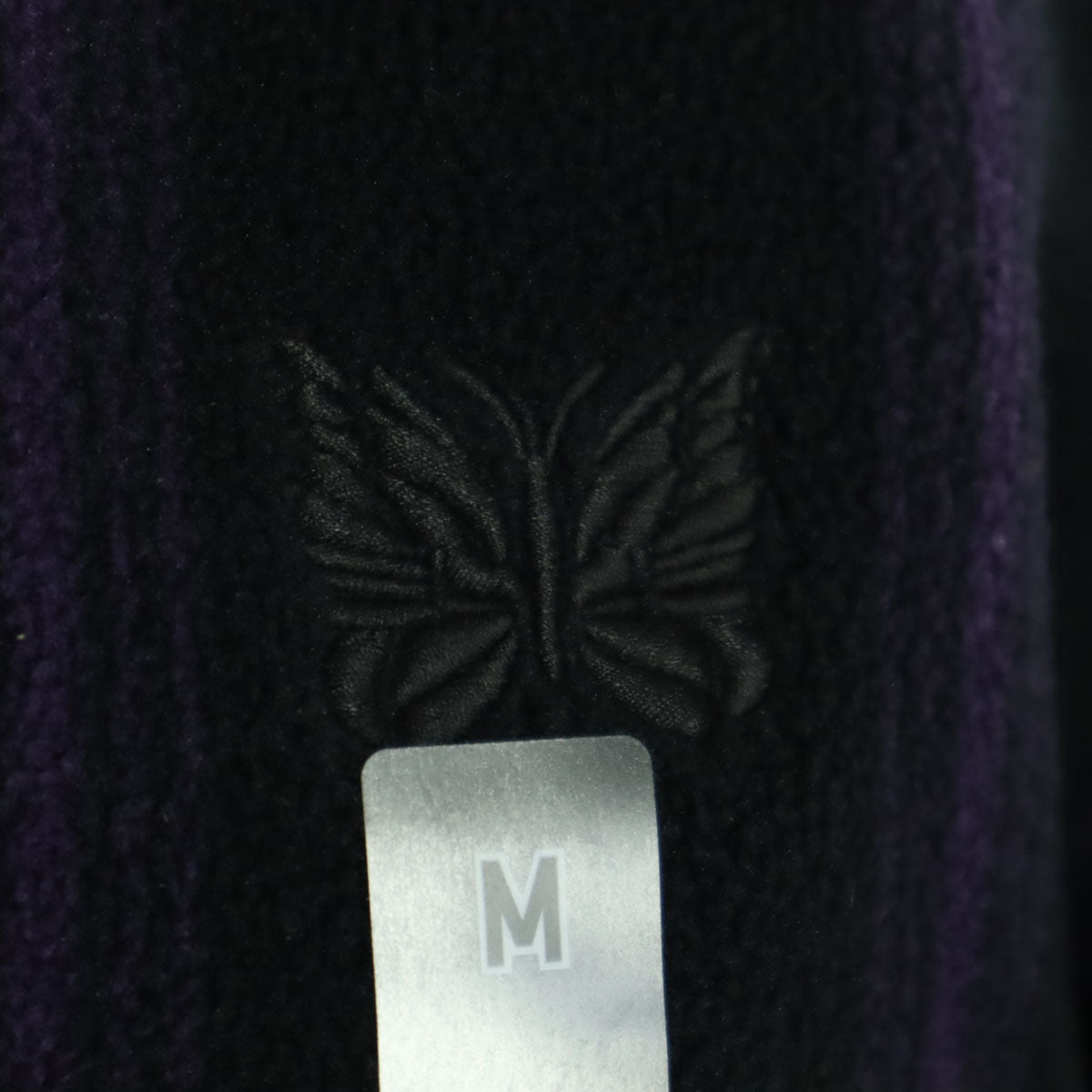 未使用 UNIQLO ユニクロ NEEDLES ニードルズ コラボ ワンポイント刺繍 ストライプ柄 長袖 フリース オーバーサイズ カーディガン M ブラック バイカラー メンズ