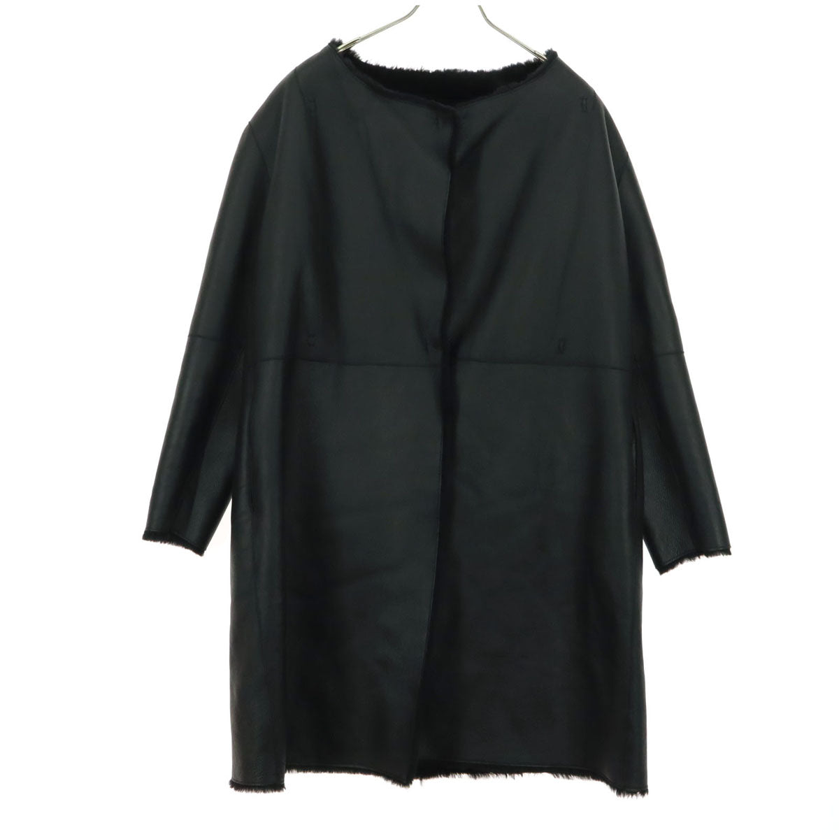 PLATINUM mei-mei プラチナメイメイ 長袖 ノーカラー ムートンコート M-L ブラック レザー 羊革 レディース