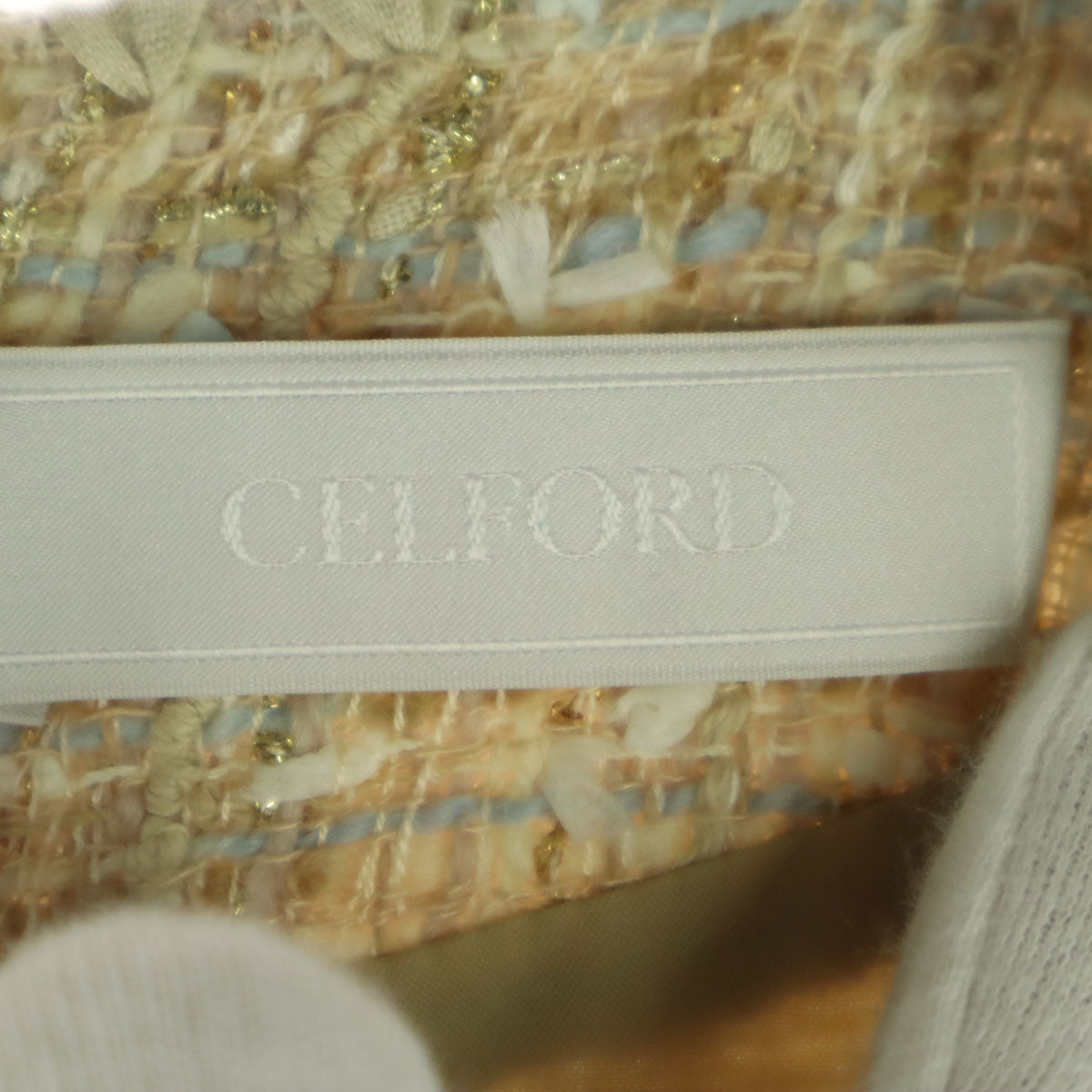 美品 CELFORD セルフォード ウール混 フレンチスリーブ ツイード ニット 膝丈ワンピース 36 ブラウン系 レディース