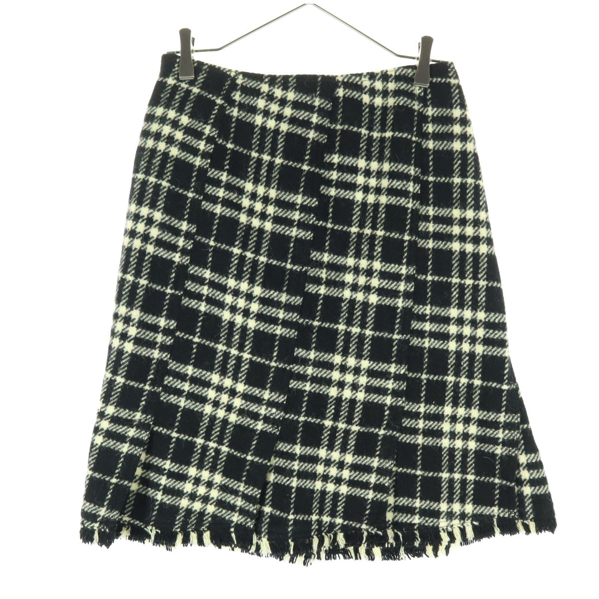 美品 BURBERRY LONDON バーバリーロンドン チェック柄 ミディスカート 38 ブラック系 裾 フリンジ レディース