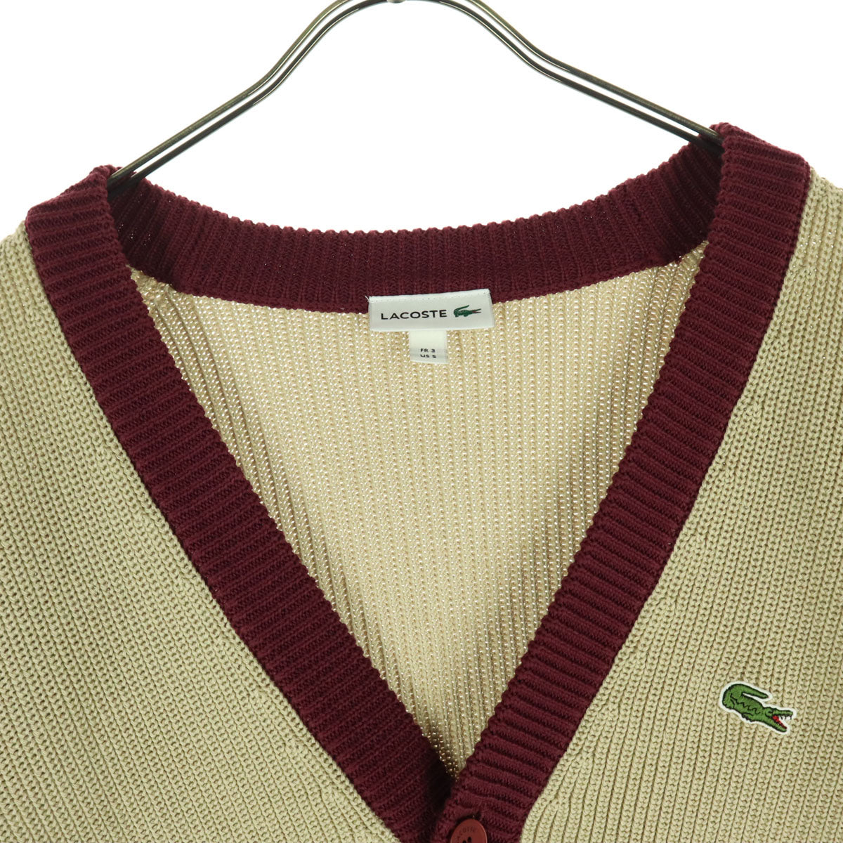 LACOSTE ラコステ バイカラー ワッペン 長袖 コットン ニットカーディガン S ベージュ系 メンズ