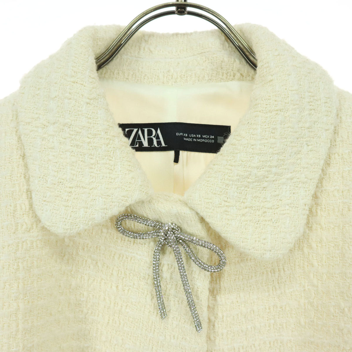 美品 ZARA ザラ 長袖 ツイードジャケット XS アイボリー リボン レディース