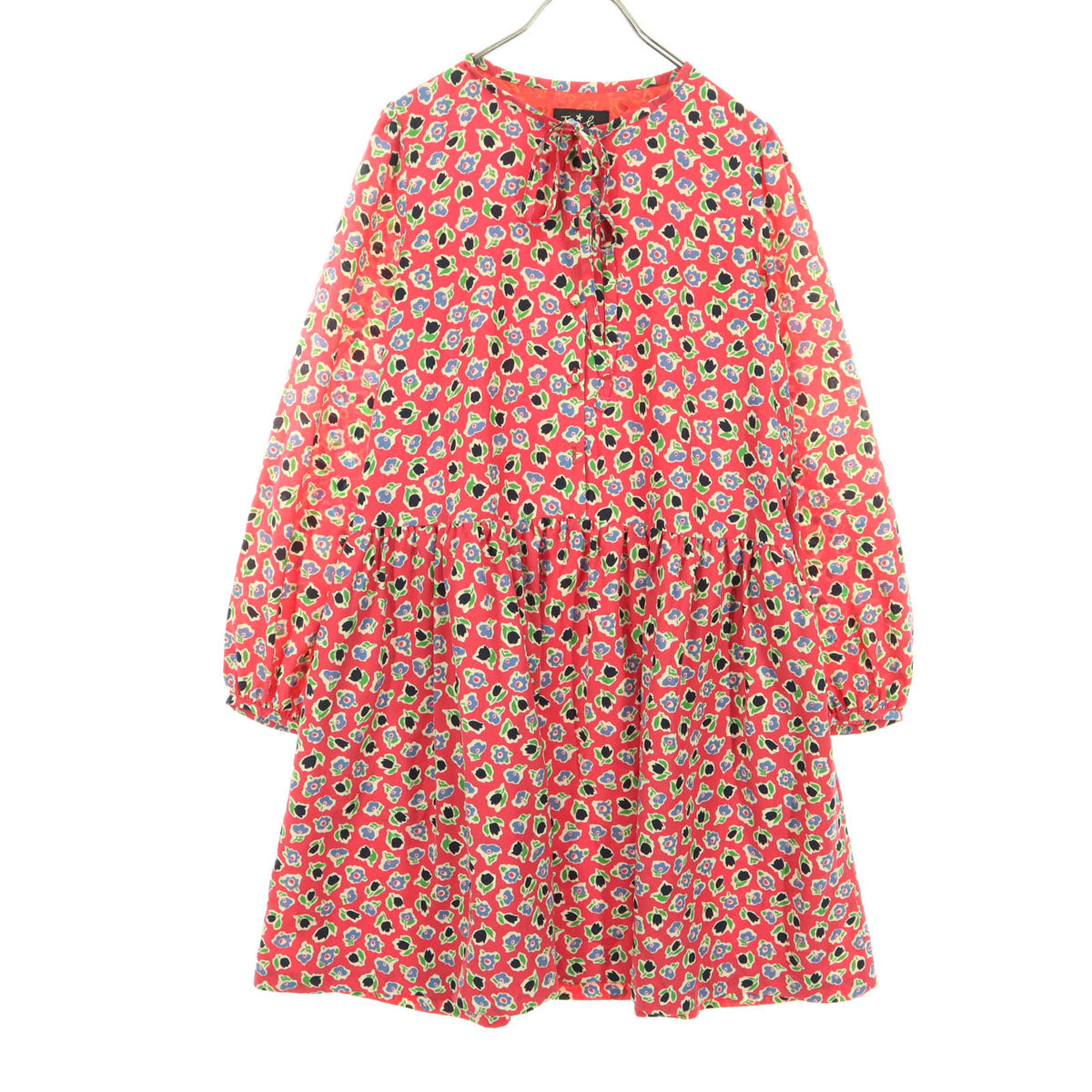 美品 To b. by agns b トゥービーバイアニエスベー 花柄 長袖 ハーフボタン シャツワンピース 38 レッド 膝丈 レディース