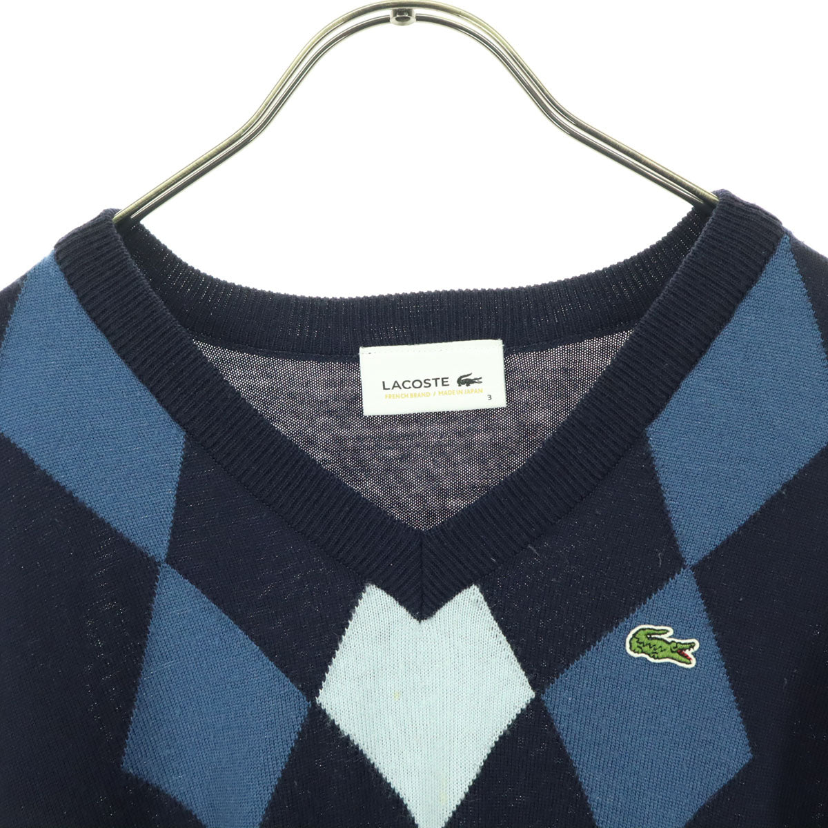 LACOSTE ラコステ ワンポイントロゴ アーガイル柄 長袖 Vネック セーター 3 ネイビー メンズ