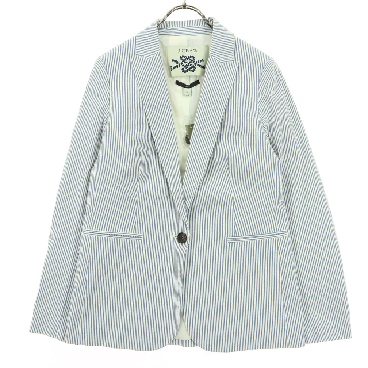 未使用 J.CREW ジェイクルー ストライプ柄 バイカラー 長袖 テーラードジャケット 2 ブルー系 レディース