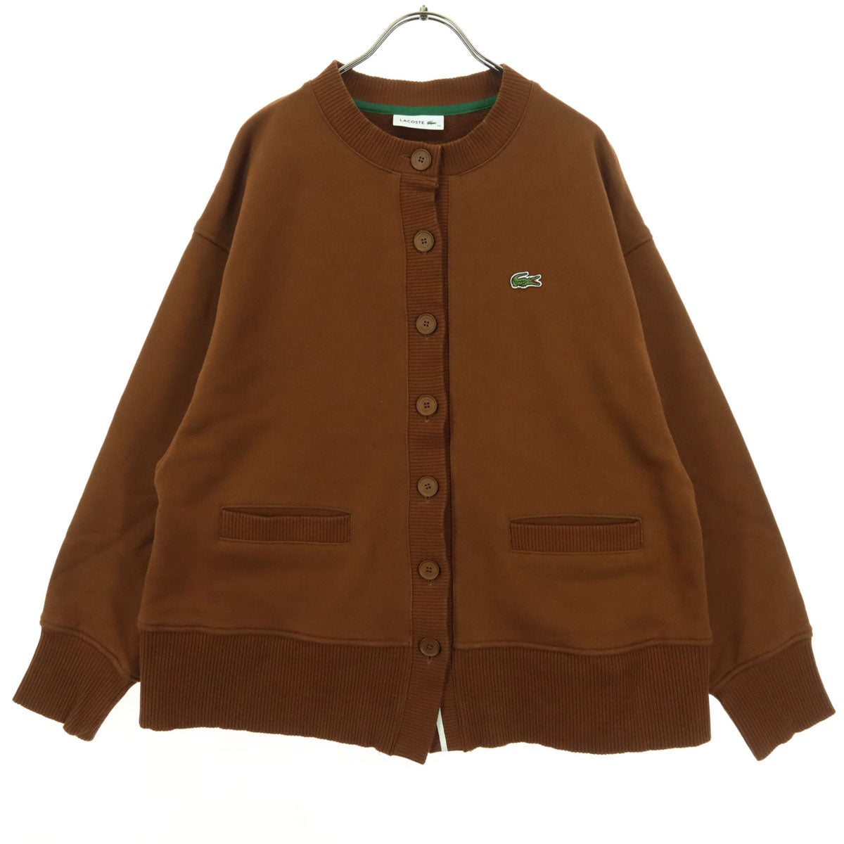 LACOSTE ラコステ ワンポイントロゴ 長袖 ドルマンスリーブ クルーネック スウェット カーディガン 36 ブラウン レディース