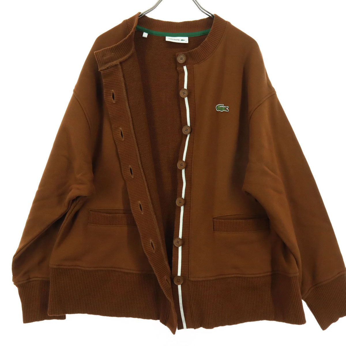 LACOSTE ラコステ ワンポイントロゴ 長袖 ドルマンスリーブ クルーネック スウェット カーディガン 36 ブラウン レディース